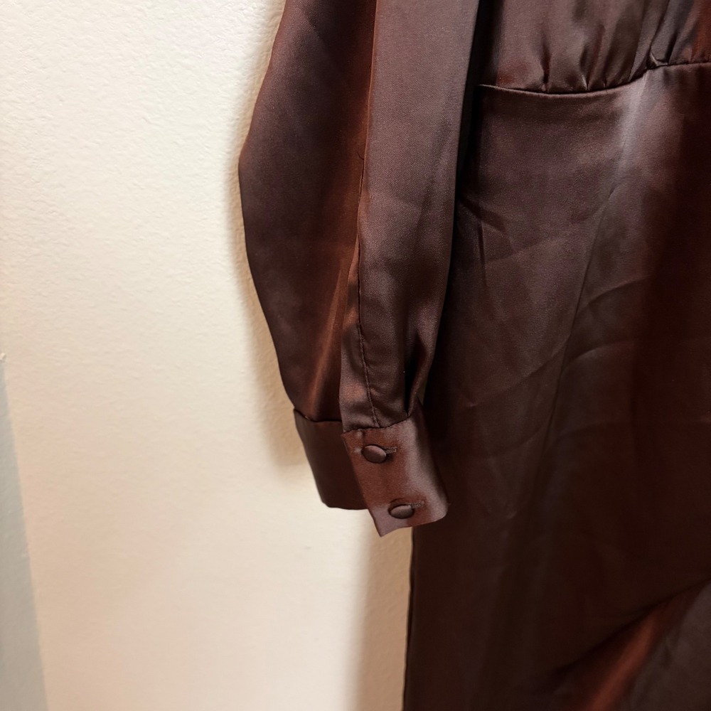 Zara Dress XL Brown Satin Faux Wrap V-Neck Midi Long Sleeve Minimalist Elegant - Picture 2 of 6